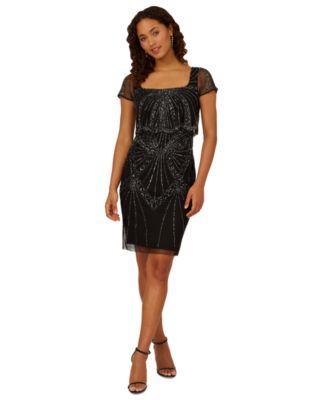 Adrianna Papell Womens Beaded Short-Sleeve Popover Dress Product Image