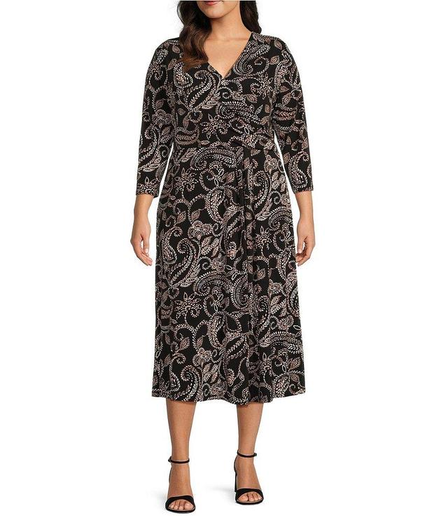 Investments Plus Size Soft Separates Dotted Paisley Print Surplice V-Neck 3/4 Sleeve Faux Wrap Midi Dress Product Image