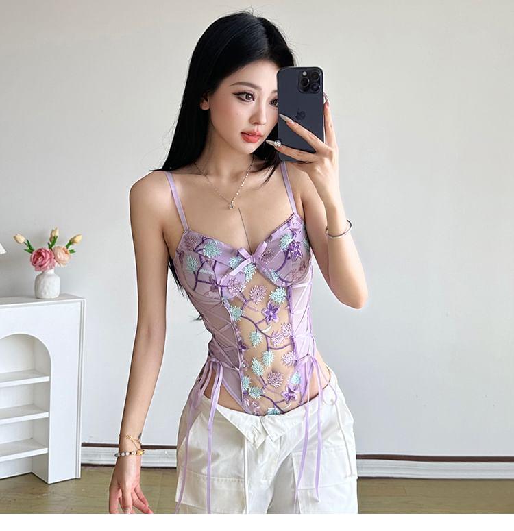 Flower Embroidered Lace-Up Mesh Panel Bodysuit Top Product Image