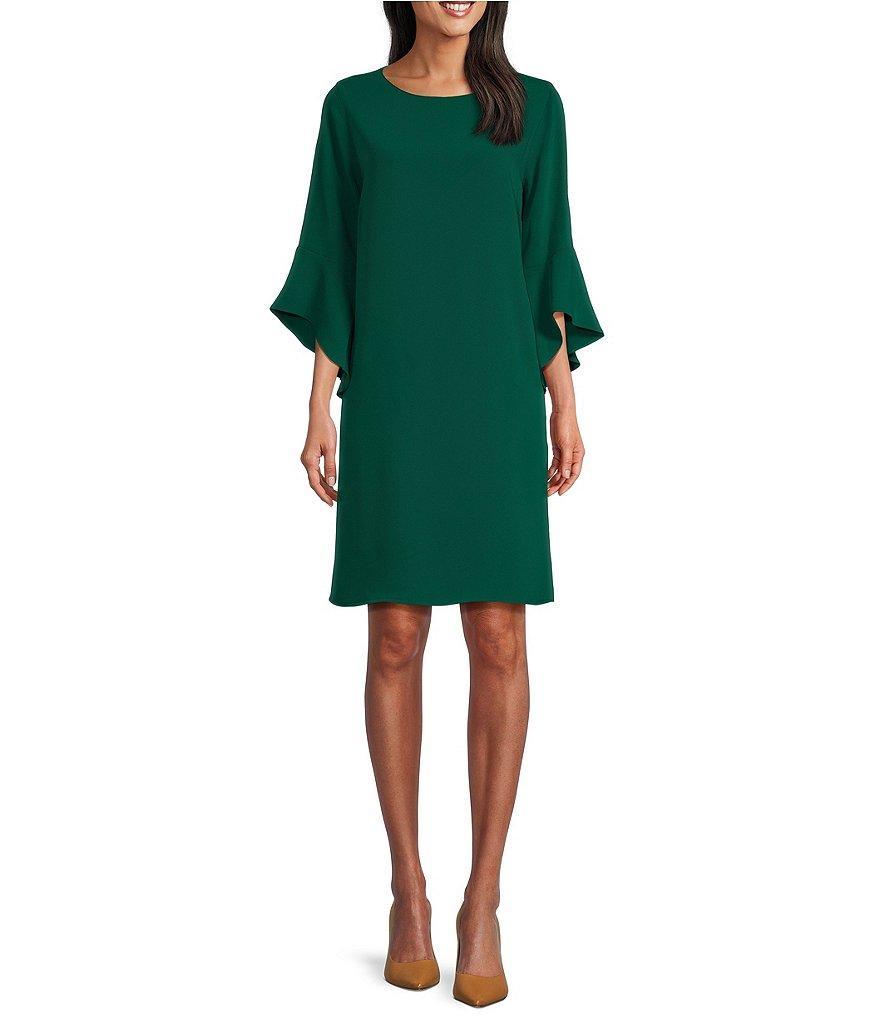 Caroline Rose Julia Matte Crepe 3/4 Ruffle Sleeve Shift Round Neck Shift Dress Product Image