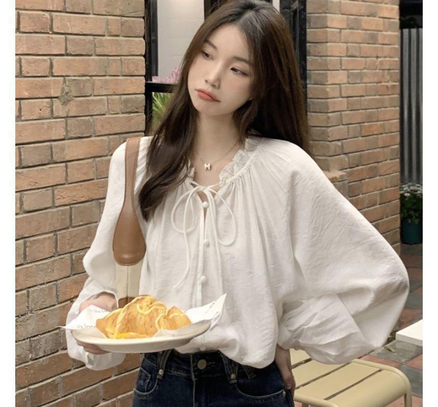 Long-Sleeve Tie-Neck Plain Frill Trim Button-Up Blouse Product Image