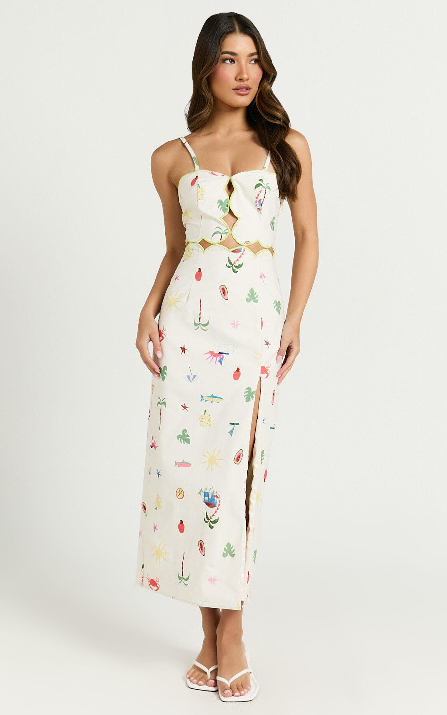 Amalie The Label - Malia Lace Up Back Midi Dress in Tropical Oasis Print Product Image