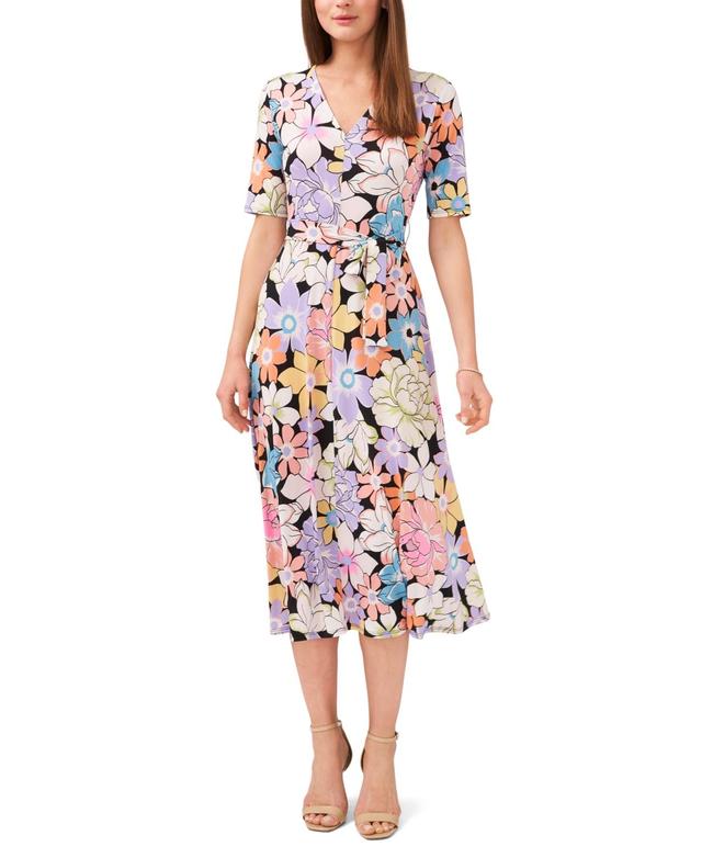 Msk Womens Floral-Print Tie-Waist Midi Dress - Black Product Image