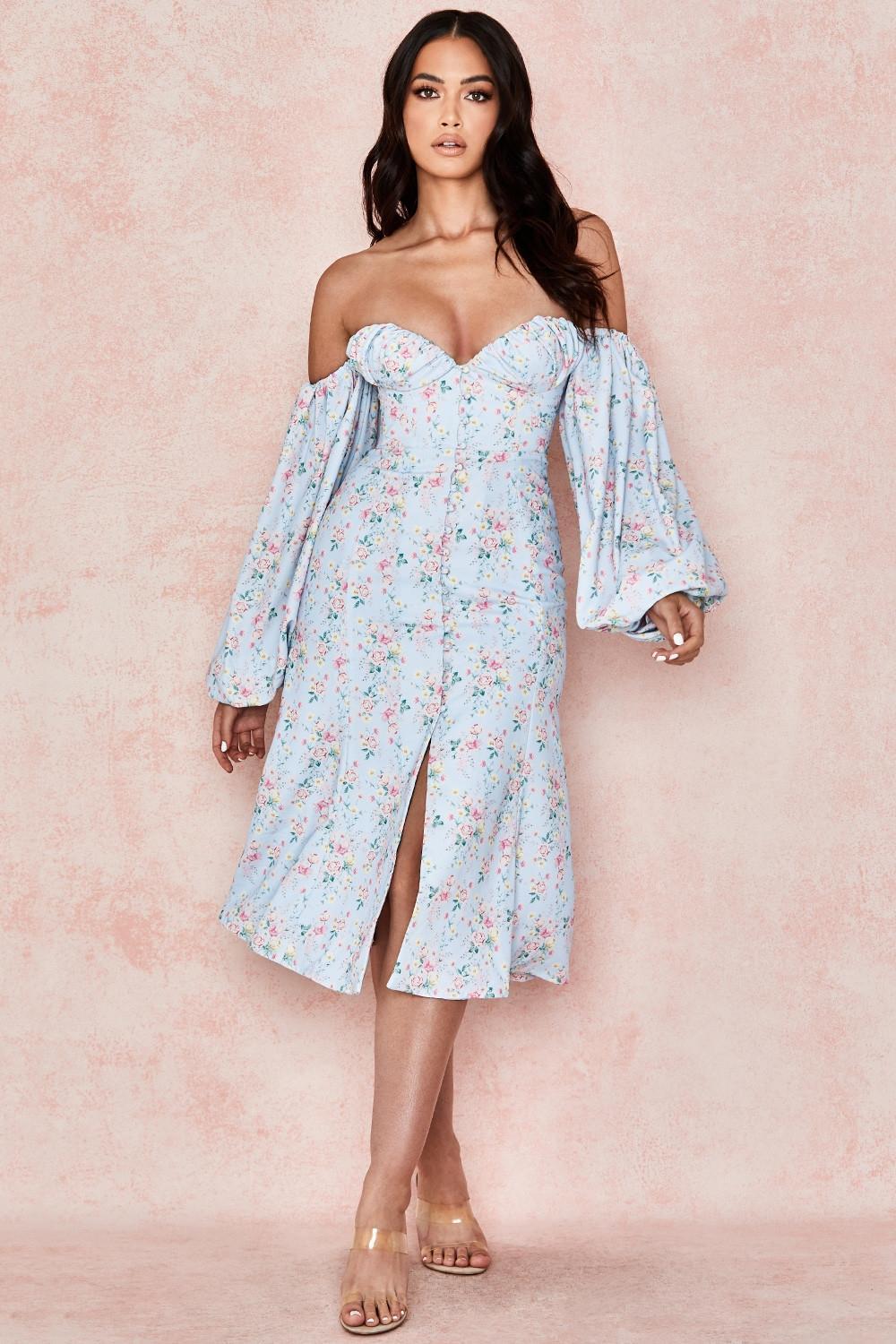 Hope Blue Floral Bardot Midi Sundress Product Image