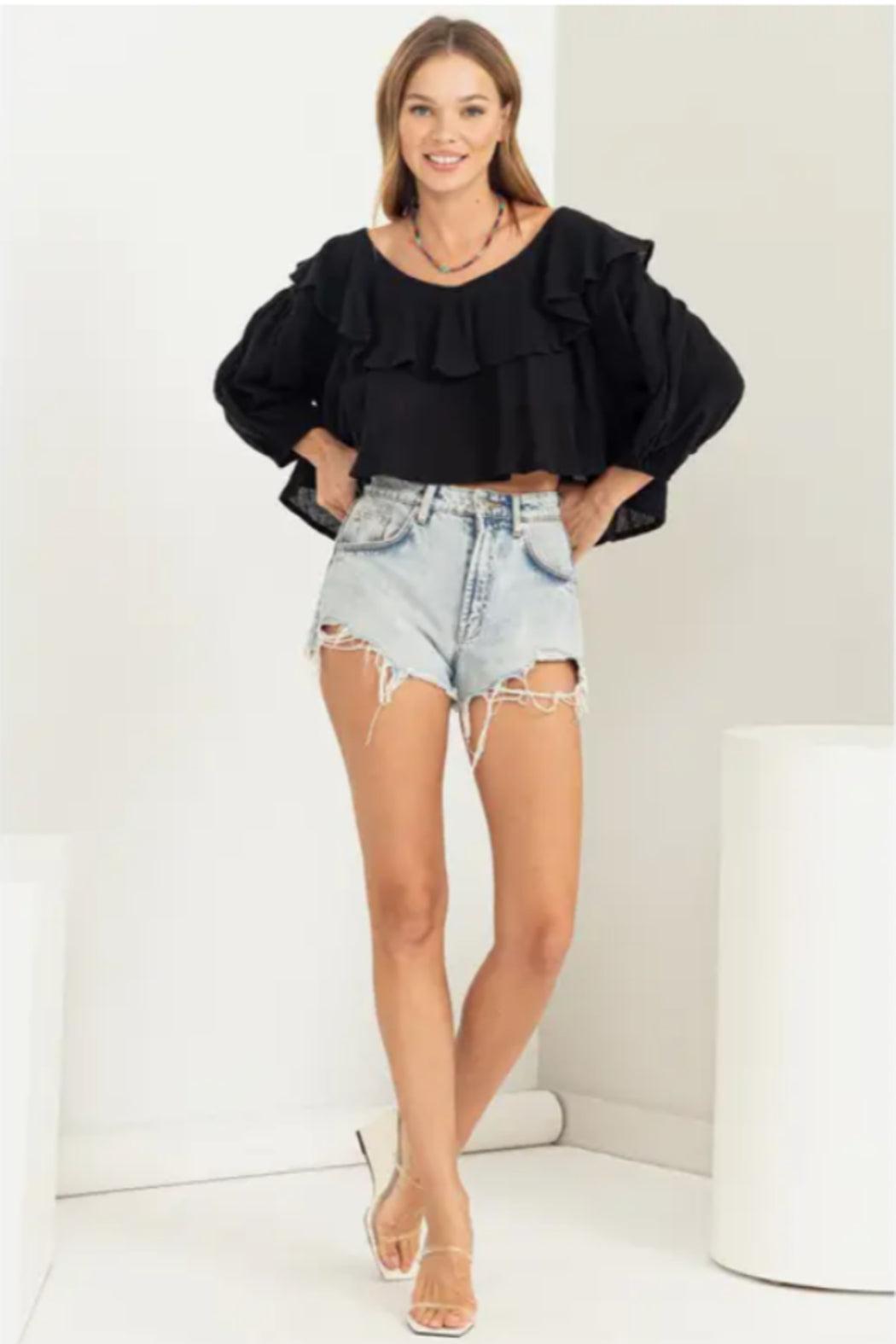 Sweetie Ruffled Three Quarter Sleeve Crop Top Product Image