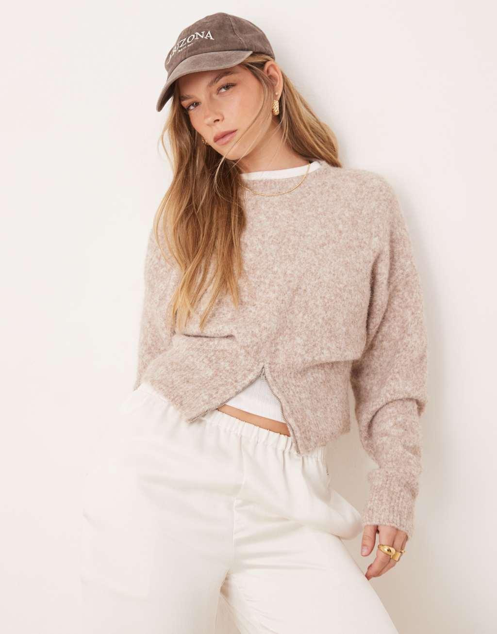 ASOS DESIGN crew neck sweater with zip rib hem in taupe Product Image