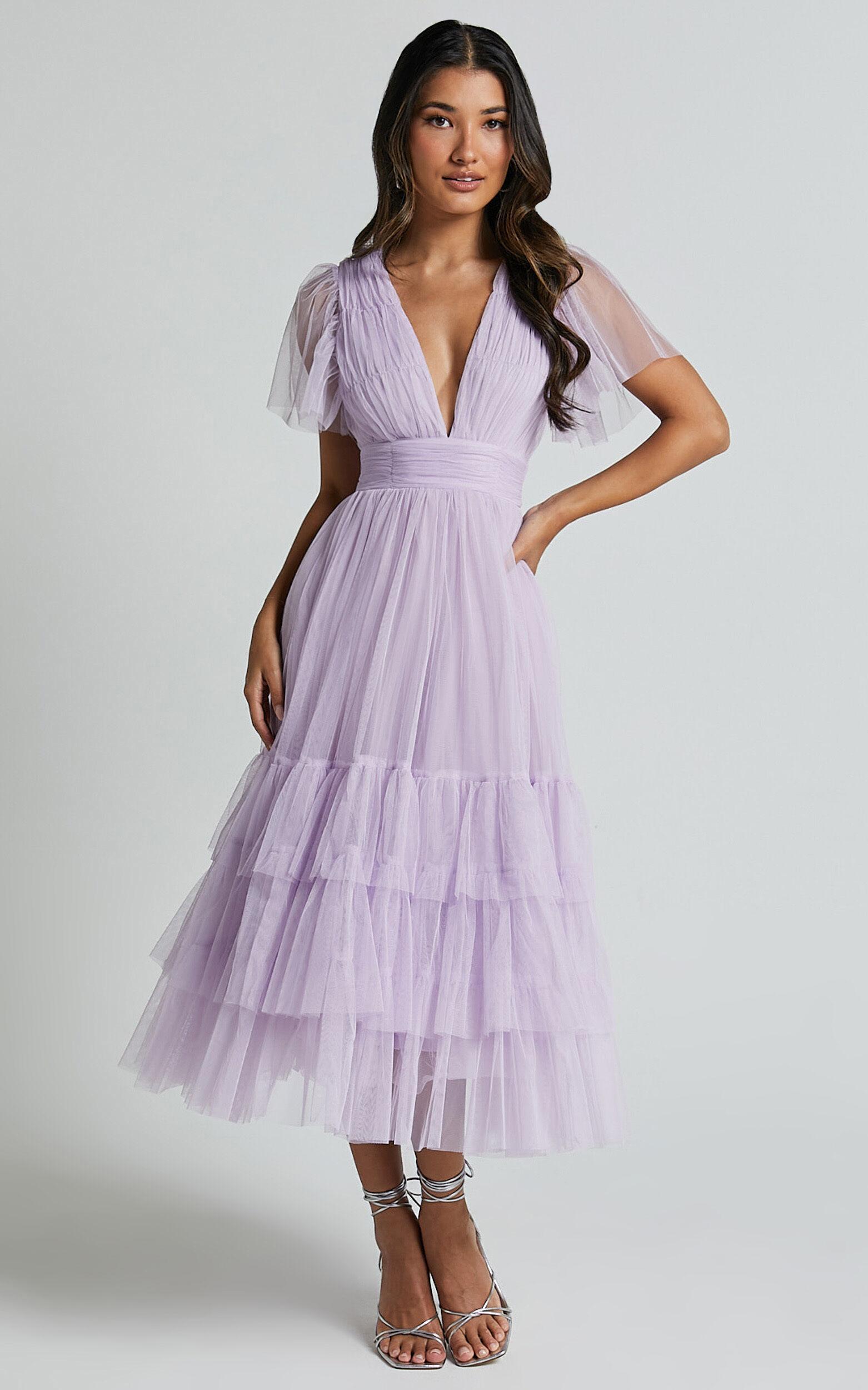 Jiraye Midi Dress - Flutter Sleeve Tuelle Plunge Dress in Lilac Product Image