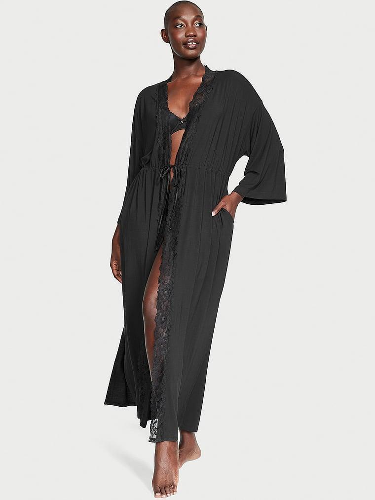 Modal & Lace Trim High-Slit Maxi Robe Product Image