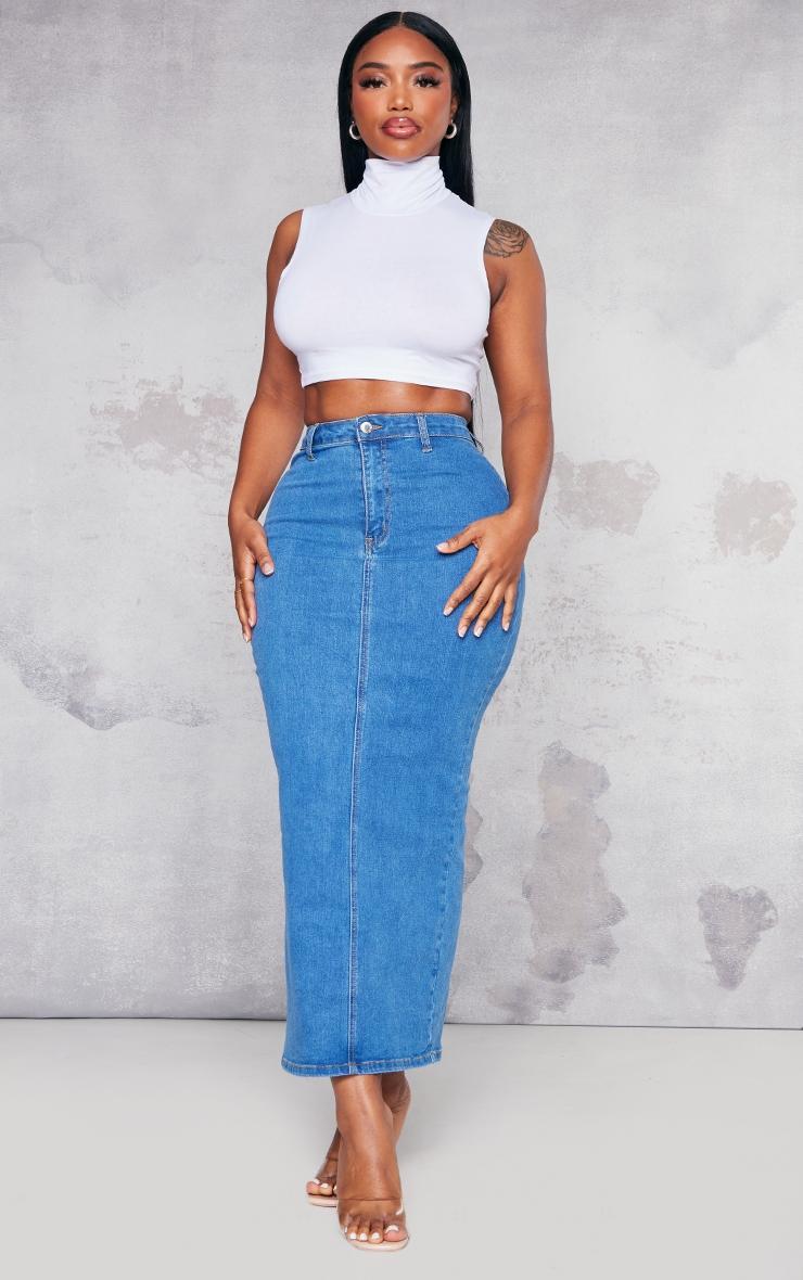 Shape Mid Blue Wash Denim Disco Midaxi Skirt Product Image