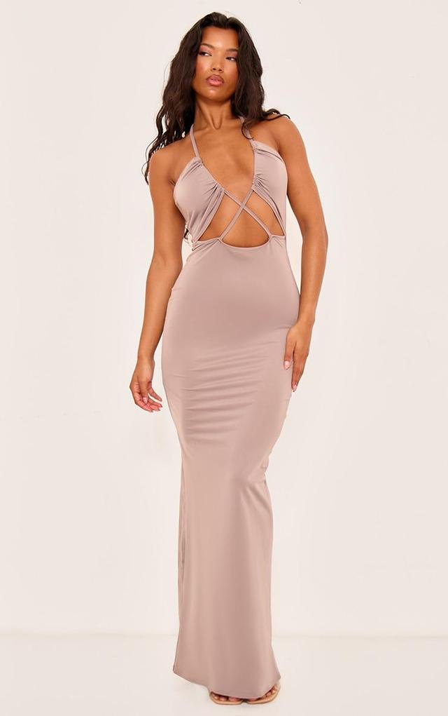 Taupe Soft Touch Halter Neck Cut Out Maxi Dress Product Image