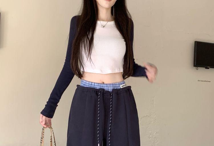 Mid Rise Plain Plaid Panel Wide Leg Pants Product Image