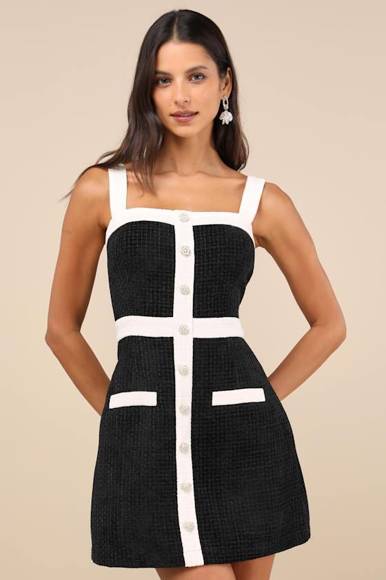 Divine Luxury Black and White Tweed Pearl Mini Dress Product Image