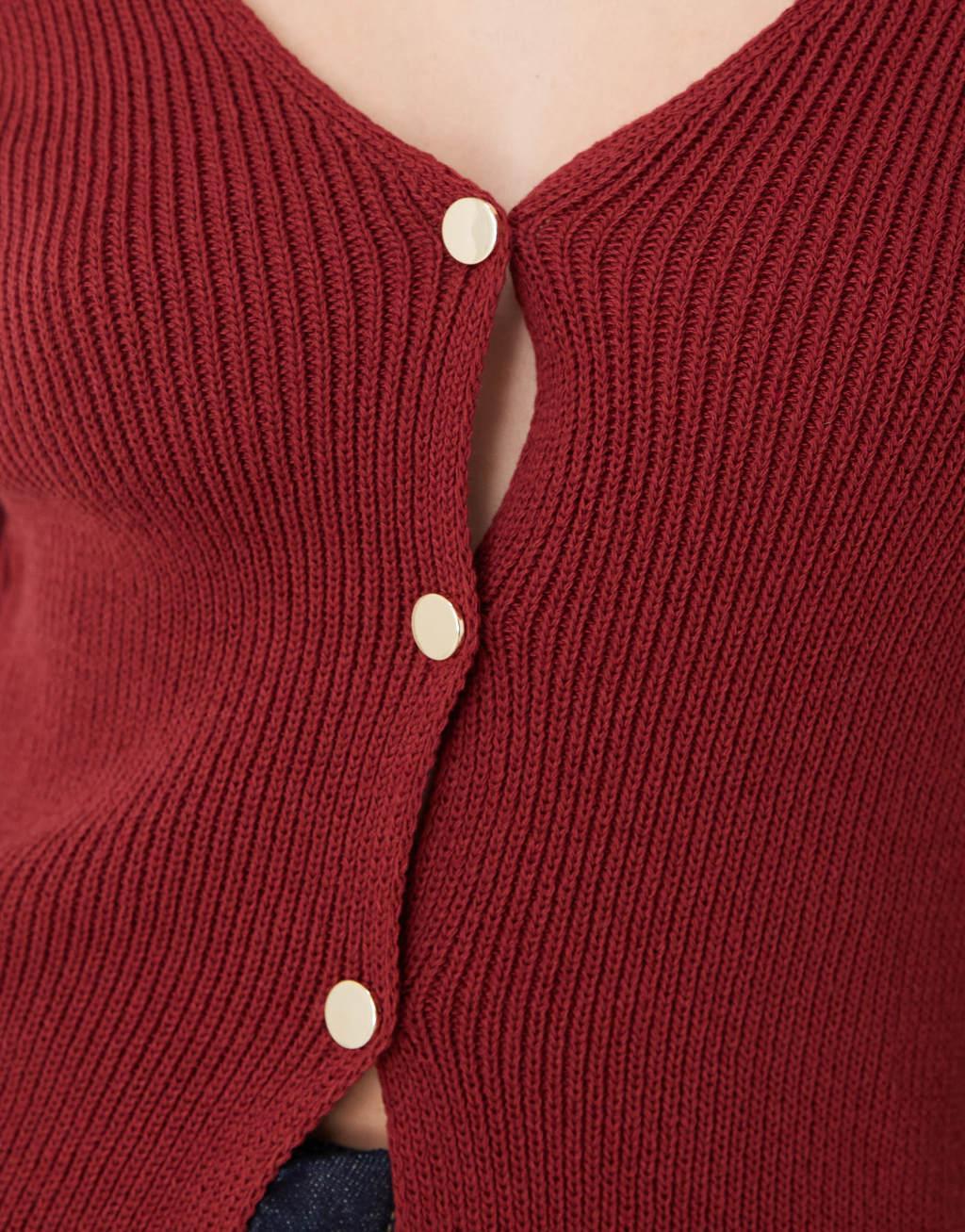 ASOS DESIGN knitted v neck structured cardigan with gold buttons in burgundy Product Image