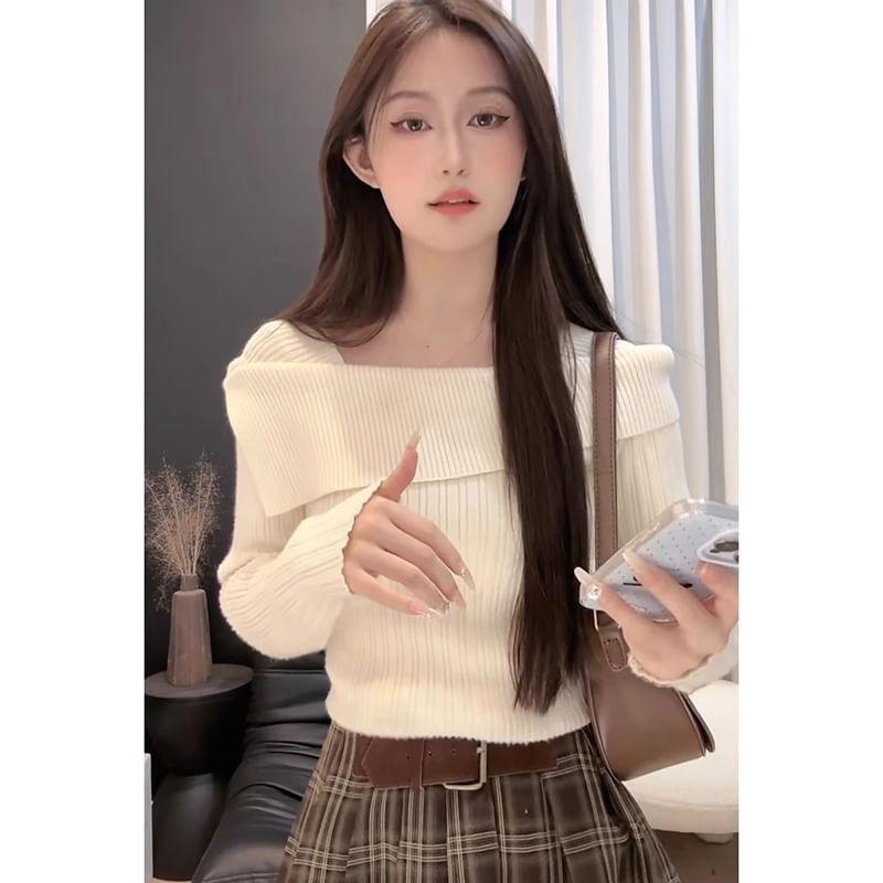 Asymmetrical Neck Plain Ribbed Sweater Product Image