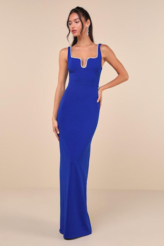 Sparkling Serenity Cobalt Blue Rhinestone Notched Maxi Dress Product Image