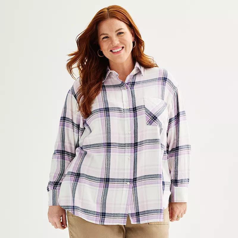 Plus Size Sonoma Goods For Life Oversized Boyfriend Flannel Shirt, Womens Purple Blue Plaid Product Image