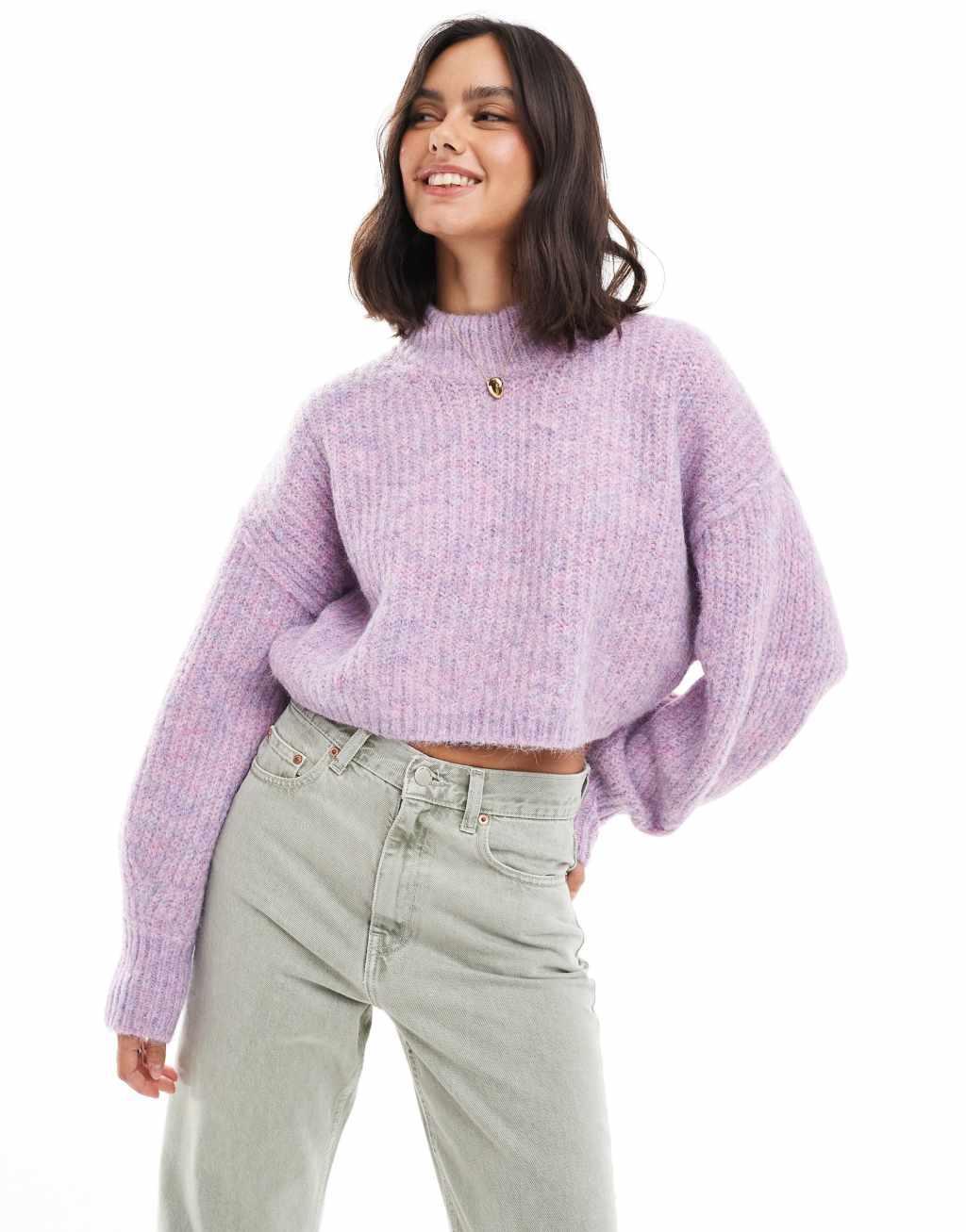 ASOS DESIGN rolled edge twist yarn sweater in pink Product Image