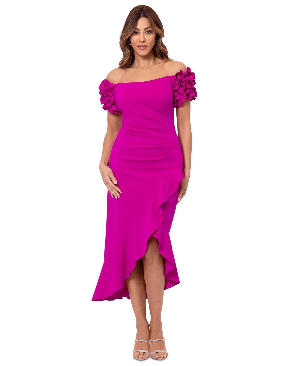 Xscape 3D Ruffle Off-the-Shoulder Ruffle Front Ruched Detail Midi Dress Product Image