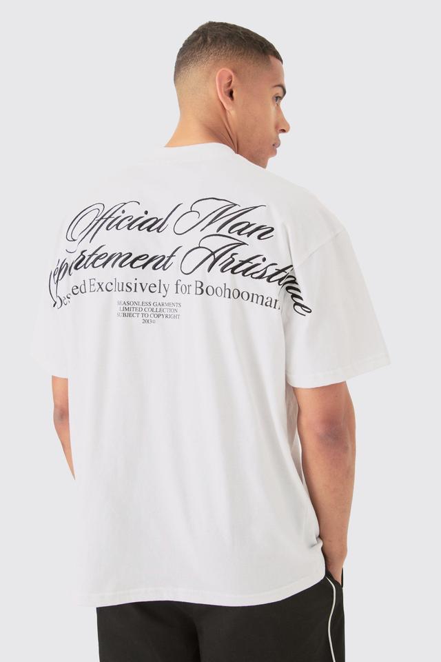 Mens White Oversized Extended Neck Slogan Embroidered Heavyweight T-shirt, White Product Image