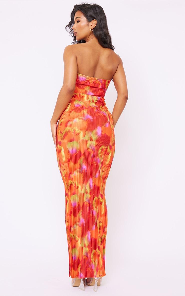 Orange Abstract Print Plisse Knot Bandeau Maxi Dress Product Image