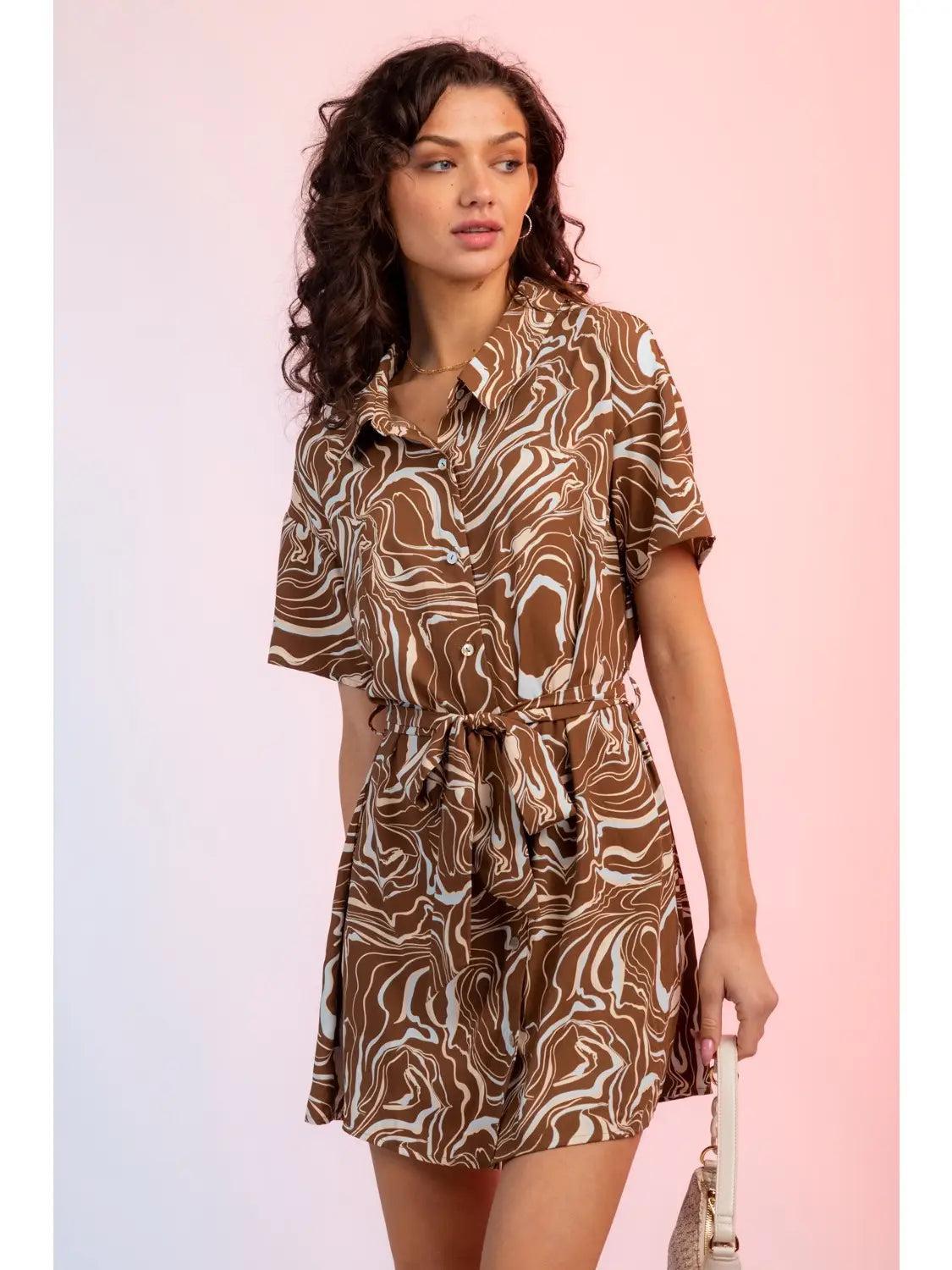 Brown Marbled Print Belted Shirt Dress Product Image