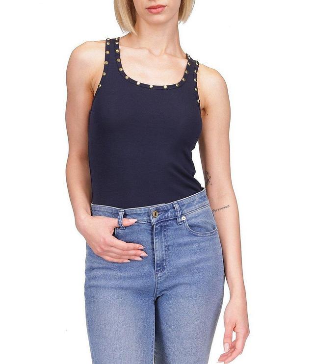 MICHAEL Michael Kors Cotton Stretch Double Knit Ribbed Scoop Neck Sleeveless Stud Tank Product Image