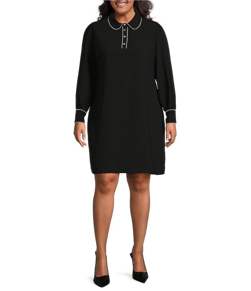 CeCe Plus Size Moss Crepe Point Collar Scallop Trim Long Sleeve Button Front Shift Above the Knee Dress Product Image