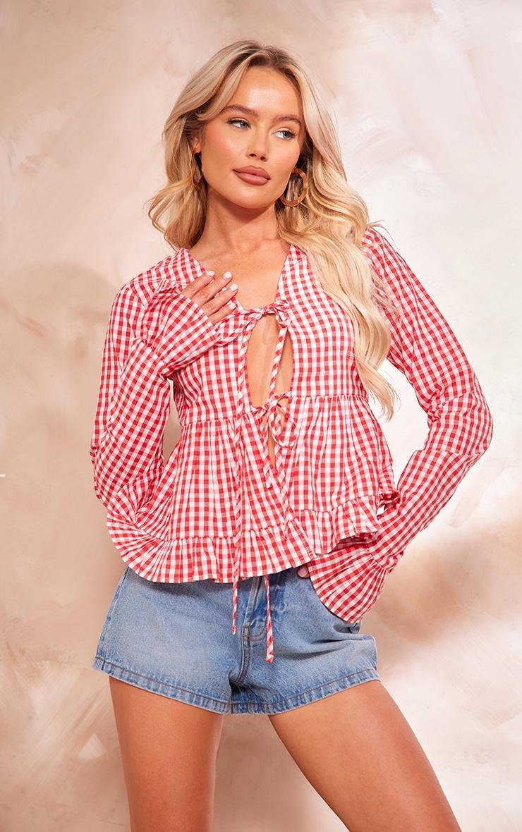 Red Checked Tie Front Flare Sleeve Shirt Product Image