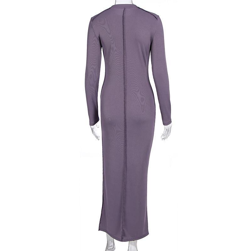 Long-Sleeve Round Neck Plain Maxi Sheath Dress Product Image