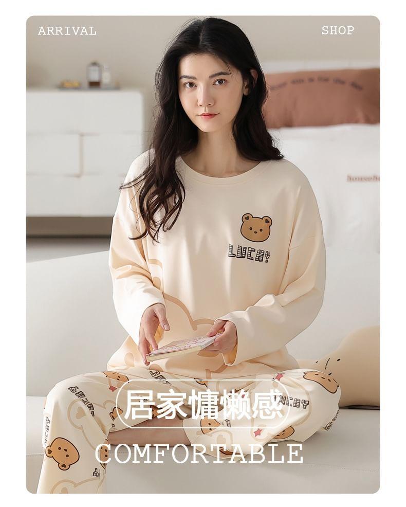 Loungewear Set : Long-Sleeve Bear Print Padded T-Shirt + Pants Product Image