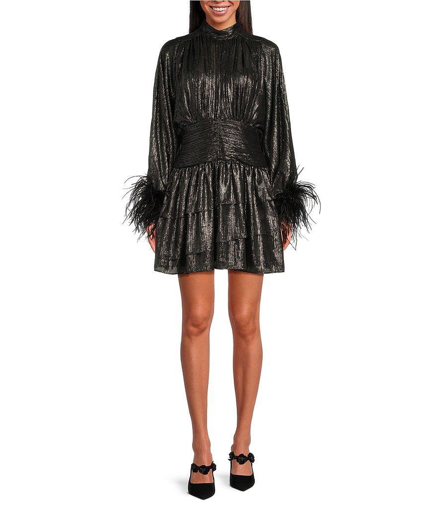 A Loves A Metallic Chiffon Feather Trim Ruched Mock Neck Long Sleeve Fit and Flare Blouson Flounce Mini Dress Product Image