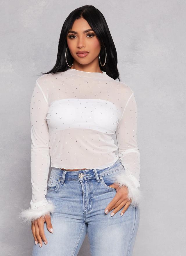 Womens Feather Long Sleeve Rhinestone Mesh Crop Top Product Image