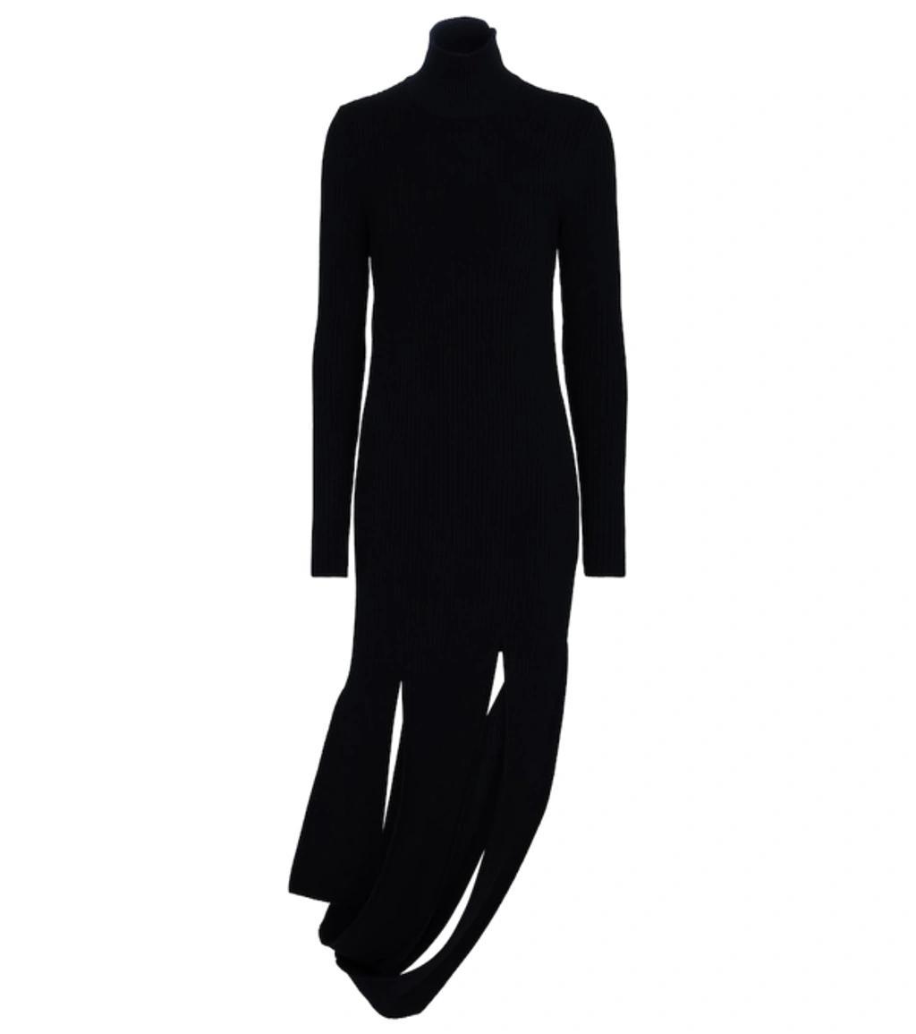 Ribbed-knit Stretch Wool-blend Dress In Black Product Image