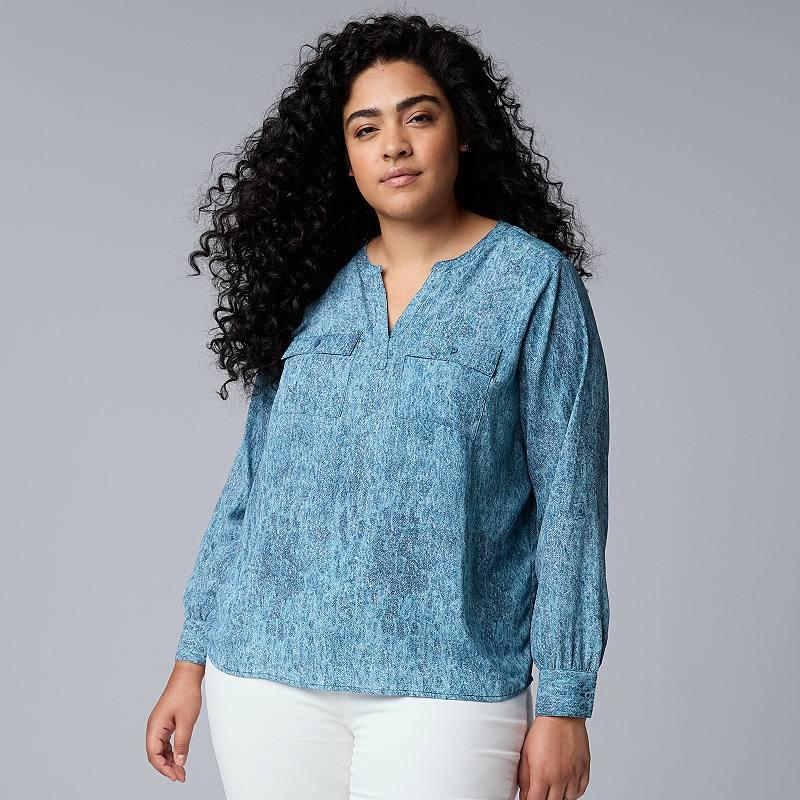 Plus Size Petite Simply Vera Vera Wang Roll-Tab Popover Blouse, Womens Blue Blue Allover Product Image