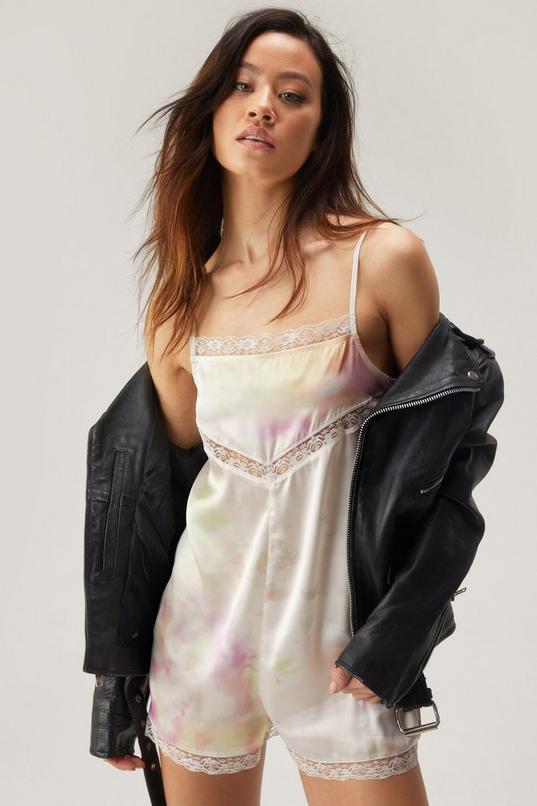 Tie Dye Printed Lace Trim  Satin Playsuit Product Image