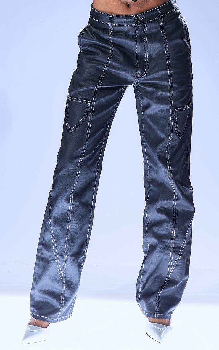 Black Coated Denim Stitch Detail Straight Leg Jeans Product Image