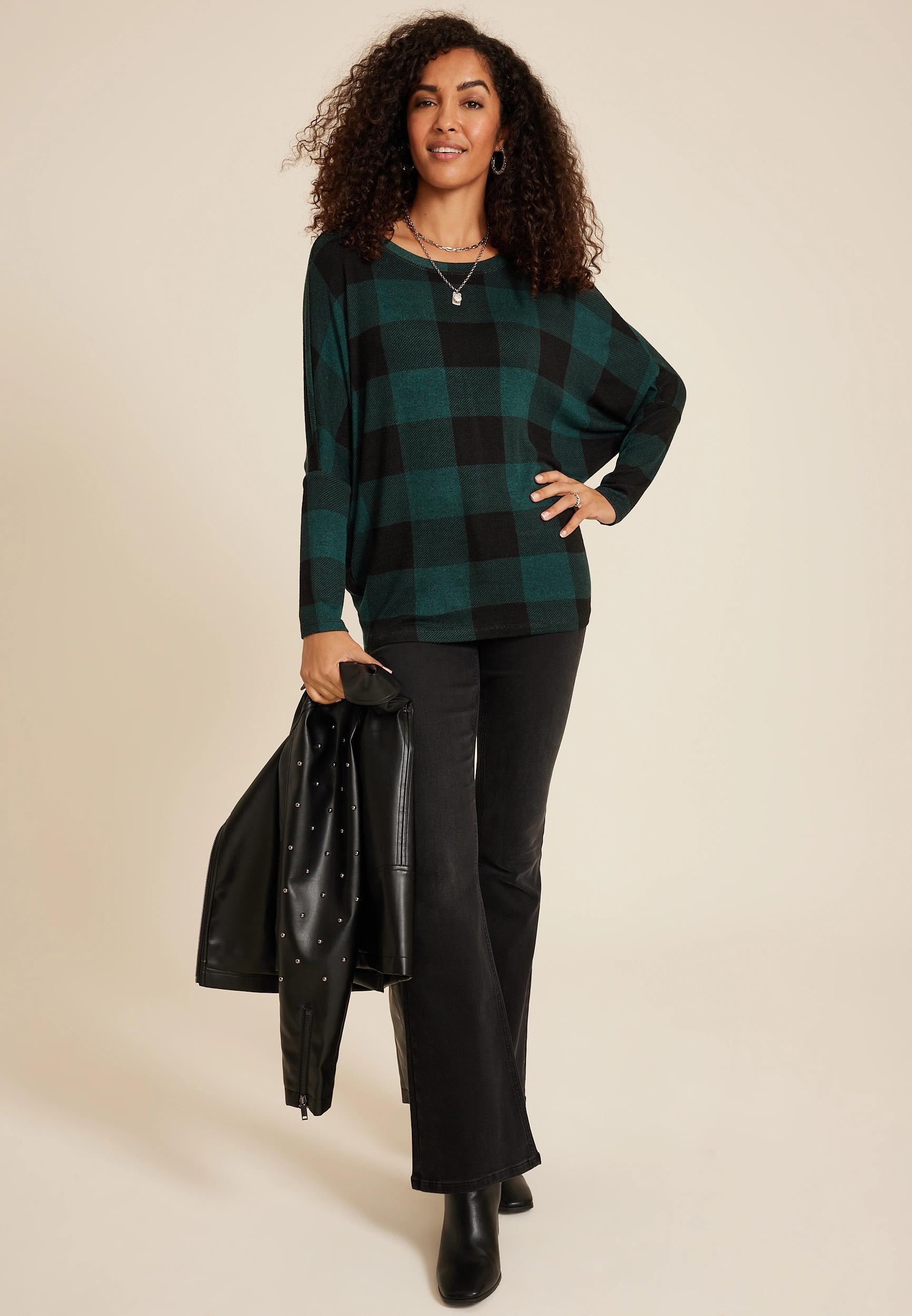 24/7 Dakota Plaid Long Sleeve Dolman Top Product Image