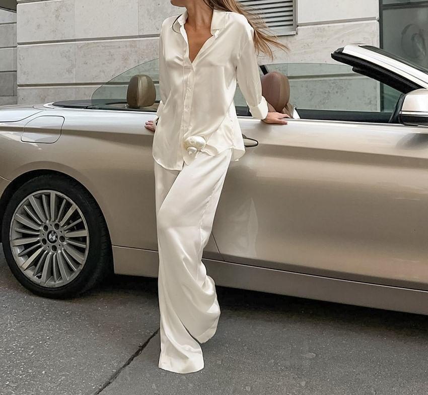 Set: Long-Sleeve Plain Button-Up Shirt + High Rise Wide Leg Pants Product Image