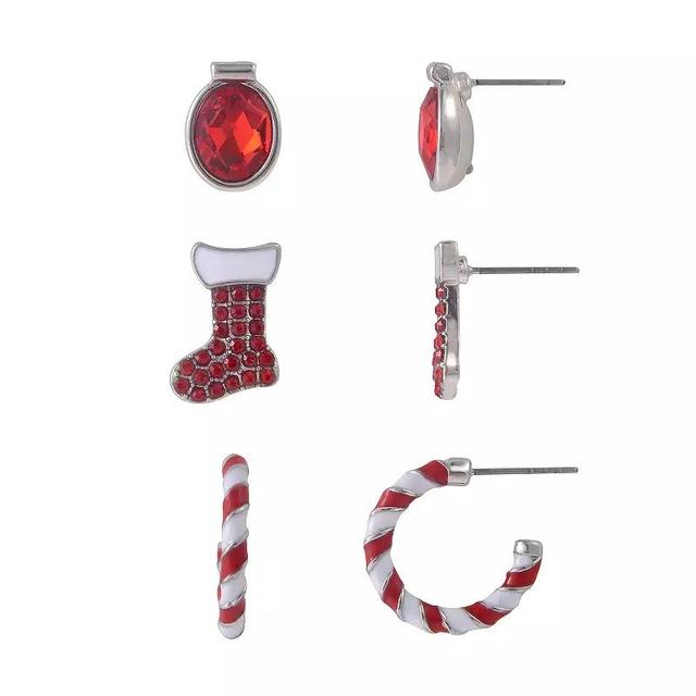 Celebrate Together Silver Tone Red Candy Cane Hoops, Stocking, and Stone Stud Trio Earrings Set, Womens Product Image