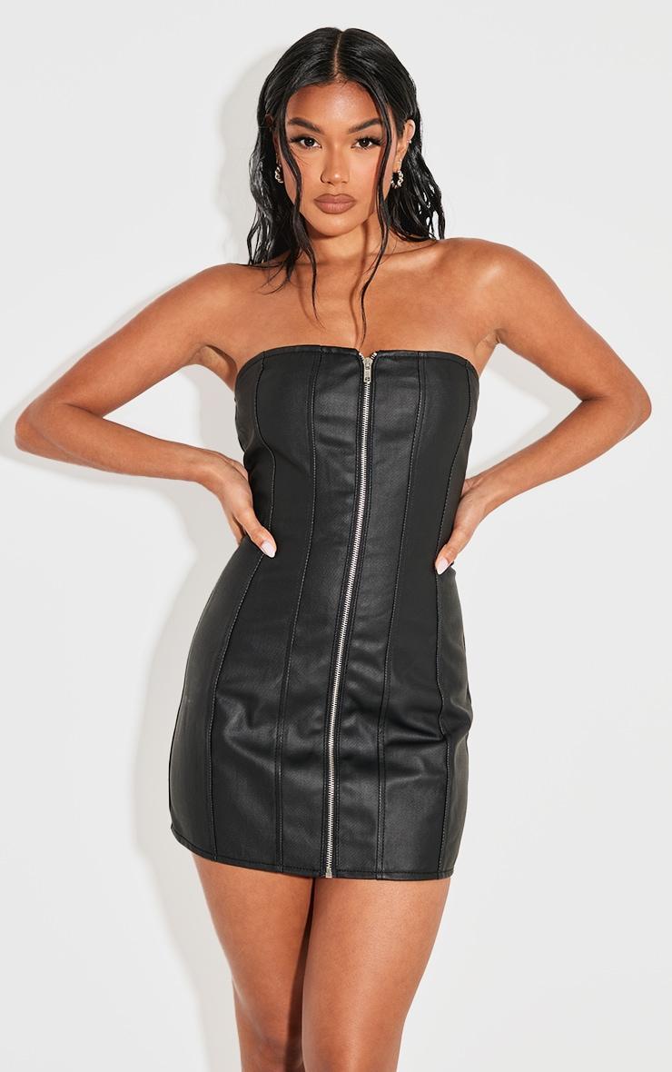 Black Coated Denim Exposed Seam Zip Up Bandeau Dress Product Image