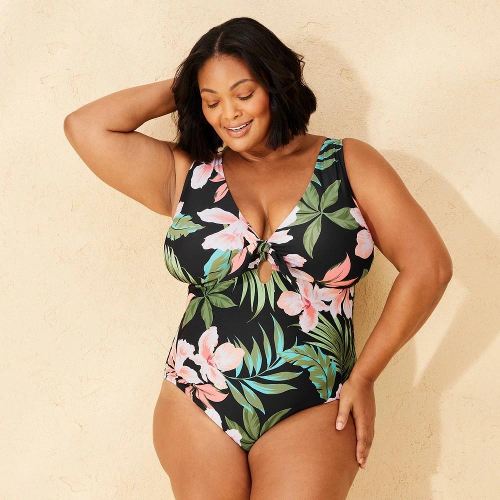 Womens Tie-Front Medium Coverage One Piece Swimsuit - Shade & Shore Multi Tropical Print Product Image