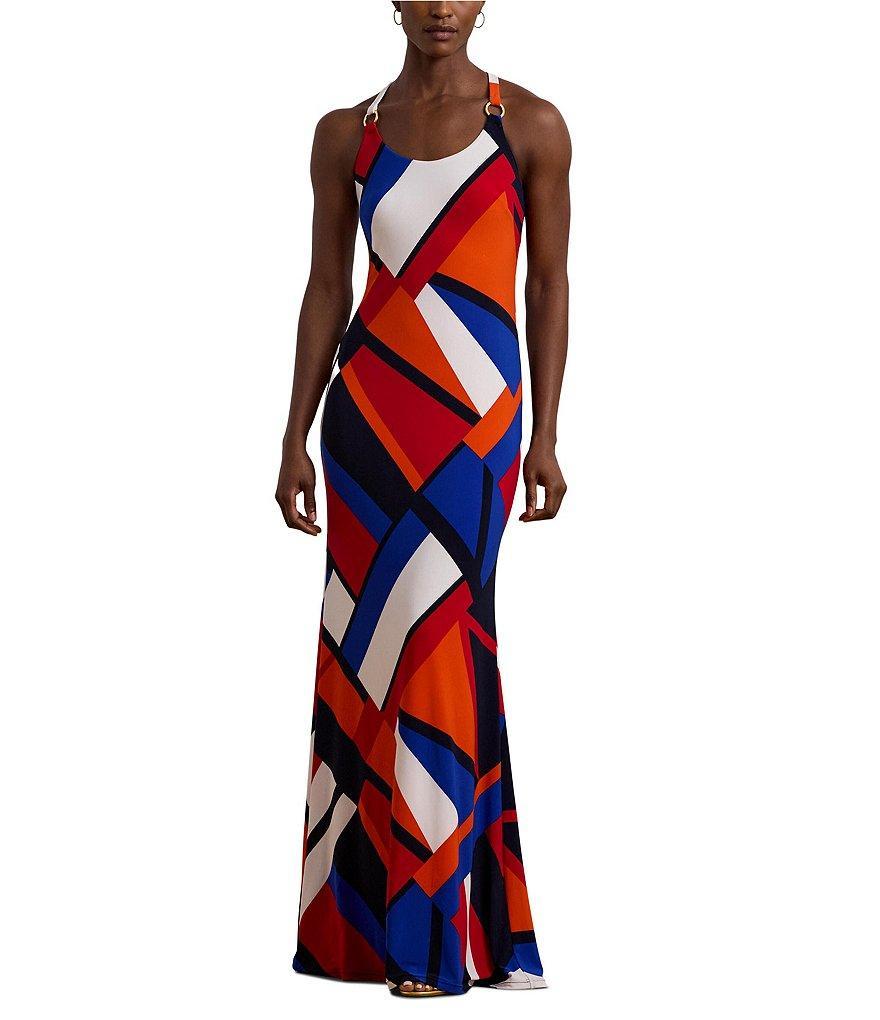 Lauren Ralph Lauren Scoop Neck Jersey Knit Geometric Print Scoop Neck Sleeveless Maxi Dress Product Image