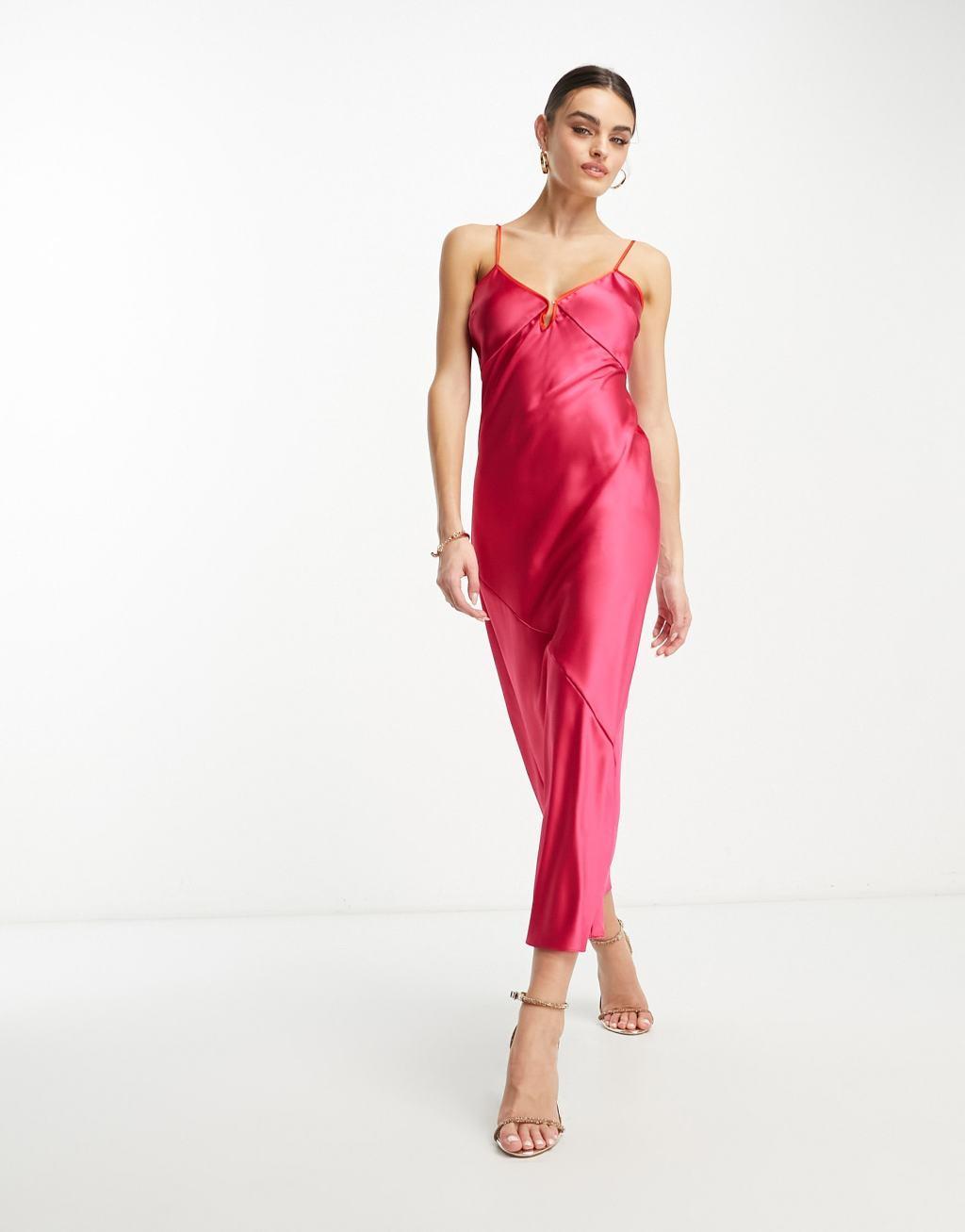 Never Fully Dressed satin slip dress in pink and red Product Image