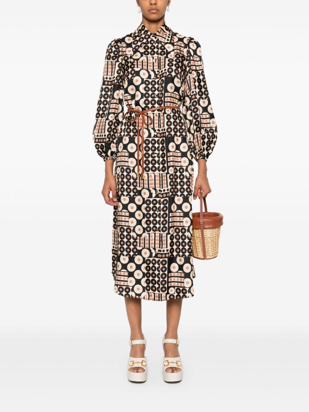 ZIMMERMANN Illustration Geo Print Belted Long Sleeve Silk Shirtdress In Multi Product Image