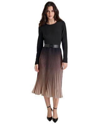 Women's Ombré Belted Pleat-Skirt Long-Sleeve Dress Product Image