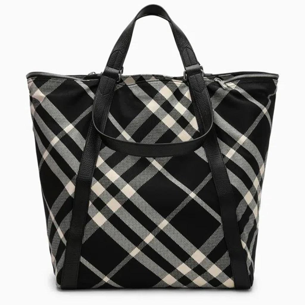 Black/calico Cotton-blend Tote Bag With Check Pattern Product Image