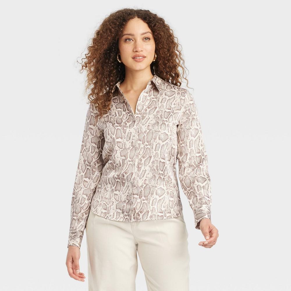 Womens Long Sleeve Satin Button-Down Shirt - A New Day Off-White Snakeskin M Product Image