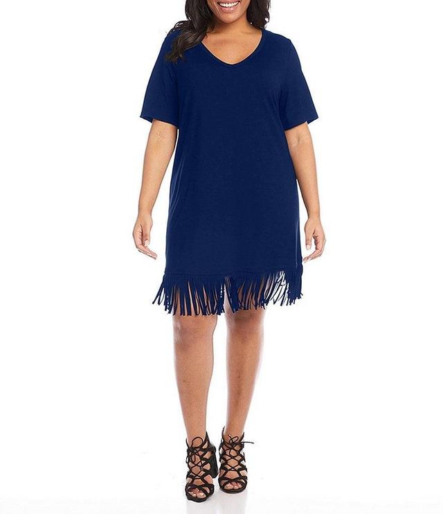 Karen Kane Plus Size Knit Jersey V-Neck Short Sleeve Fringe Hem Dress Product Image