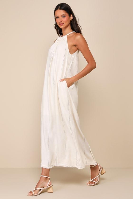 Ainsley Beige Pinstriped Linen Halter Maxi Dress with Pockets Product Image