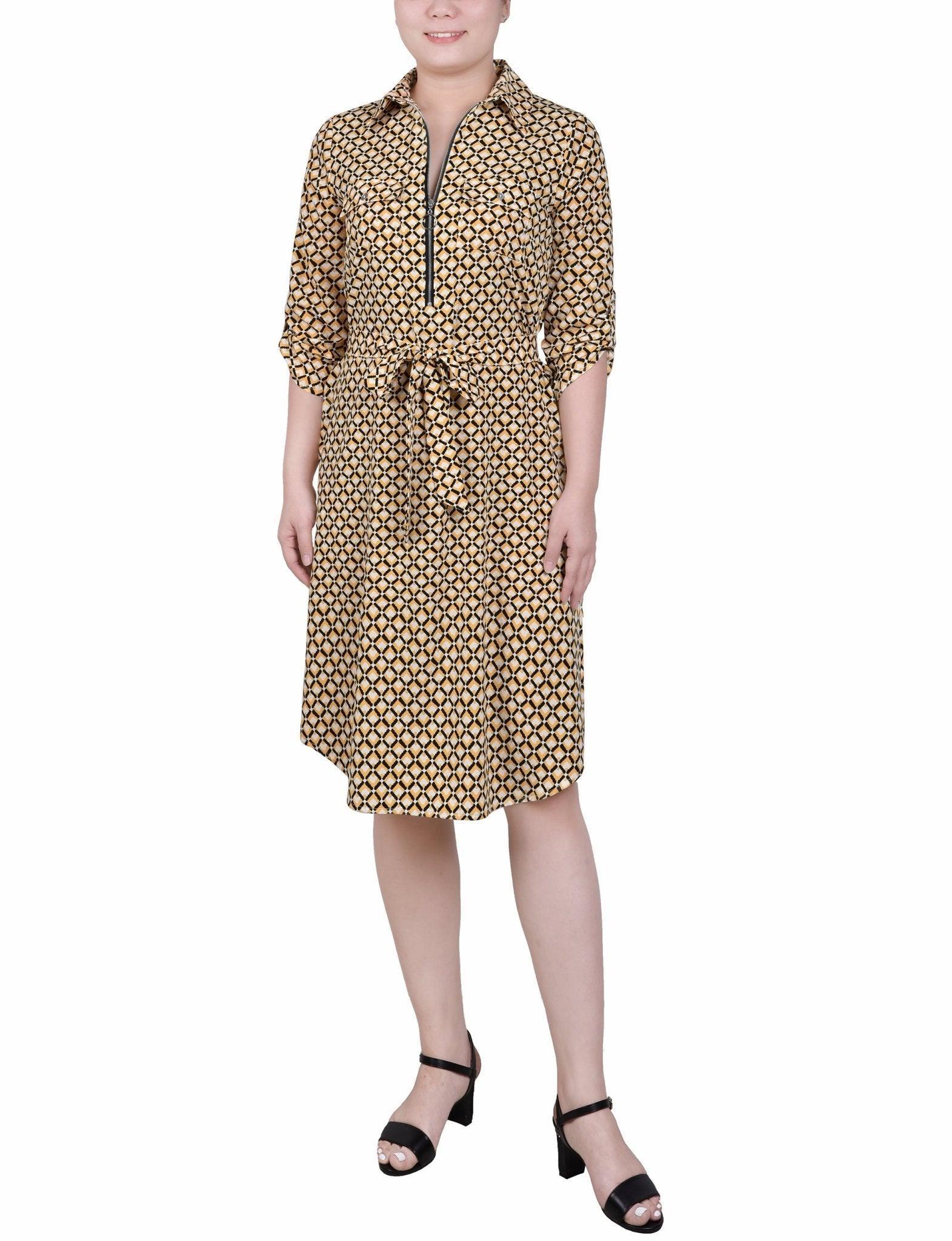 3/4 Roll Tab Sleeve Zippered Shirtdress - Petite Product Image